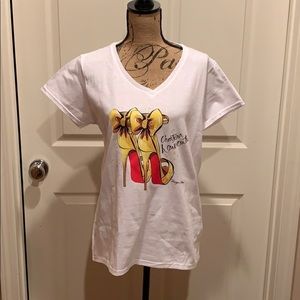 HP Graphic T shirt. Yellow heels with red bot…
